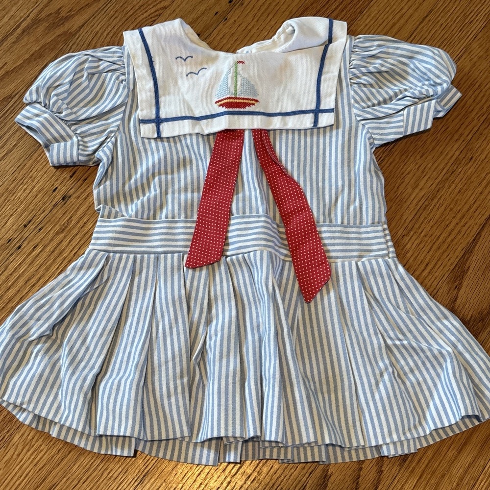 Vintage Girl's Sailor Collar Pleated Skirt Dress Embroidered Blue Pin Striped